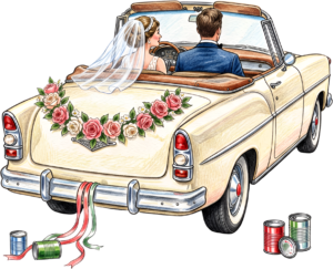 Classic "Just Married" wedding car couple PNG, charming bridal clipart for festive announcements. 41 - Classic "Just Married" wedding car couple PNG, charming bridal clipart for festive announcements. Free PNG Download