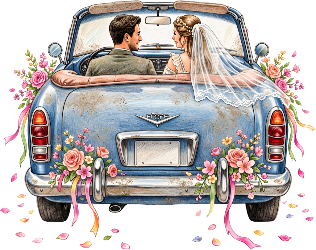 Rustic distressed blue wedding car couple PNG, charming floral clipart for bohemian themed celebration designs.