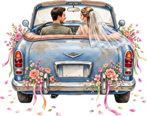Ecstatic watercolor wedding couple PNG, green convertible car clipart for joyful announcement cards. 41 - Ecstatic watercolor wedding couple PNG, green convertible car clipart for joyful announcement cards. Free PNG Download