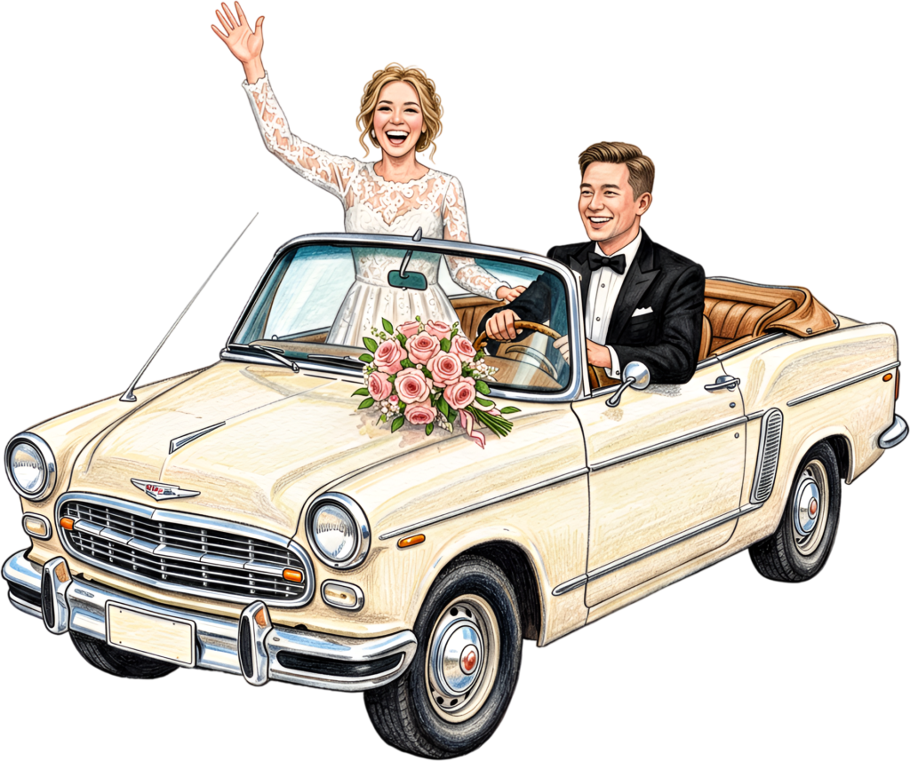 Happy waving wedding couple PNG, joyful cream car clipart for announcement cards and event designs.