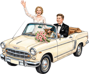 Cheerful watercolor wedding couple PNG, cream classic car clipart for delightful ceremony announcements. 42 - Cheerful watercolor wedding couple PNG, cream classic car clipart for delightful ceremony announcements. Free PNG Download