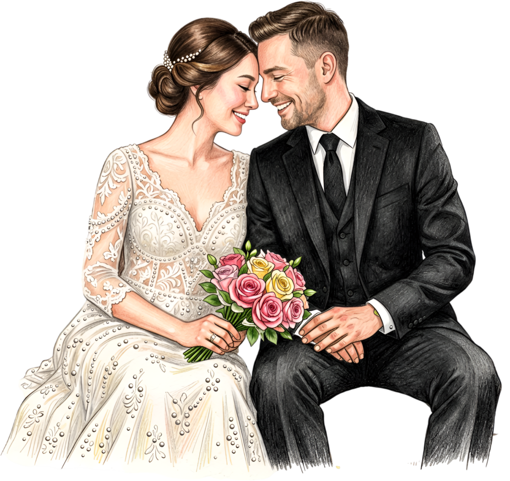 Romantic wedding couple portrait PNG, tender clipart ideal for honeymoon car journey announcements.