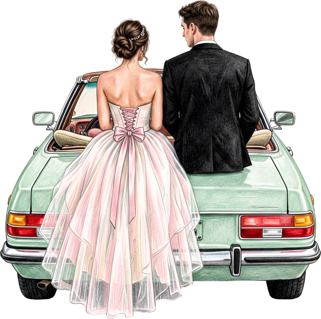 Elegant wedding couple on convertible car PNG, stylish romantic clipart for thank you notes.