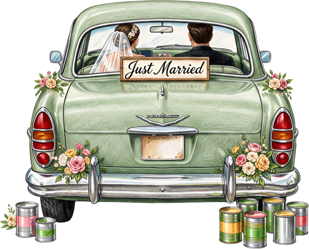 Classic “Just Married” wedding car couple PNG, charming bridal clipart for festive announcements.