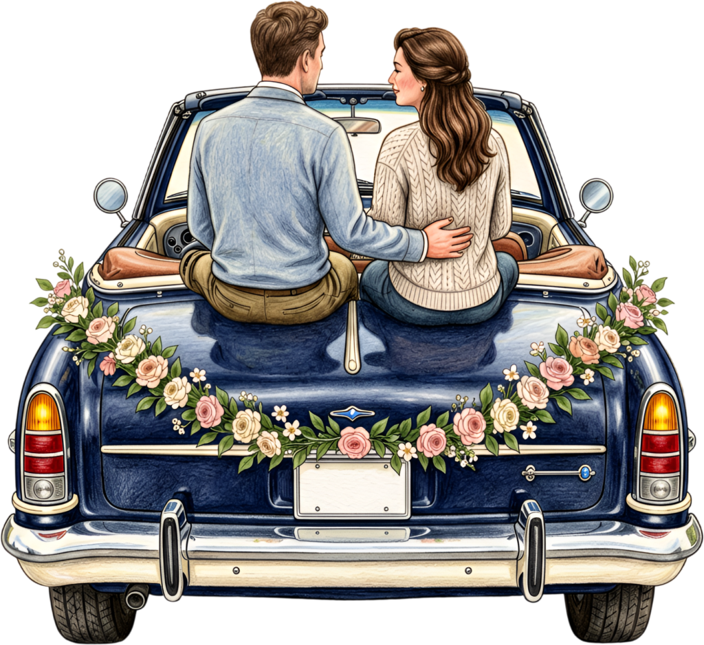 Romantic casual couple on convertible car PNG, charming wedding clipart for engagement or pre-nuptial designs.