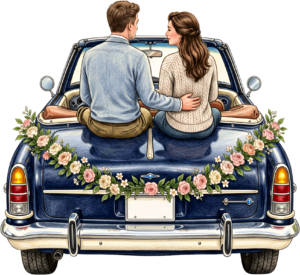 Ecstatic watercolor wedding couple PNG, green convertible car clipart for joyful announcement cards. 43 - Ecstatic watercolor wedding couple PNG, green convertible car clipart for joyful announcement cards. Free PNG Download