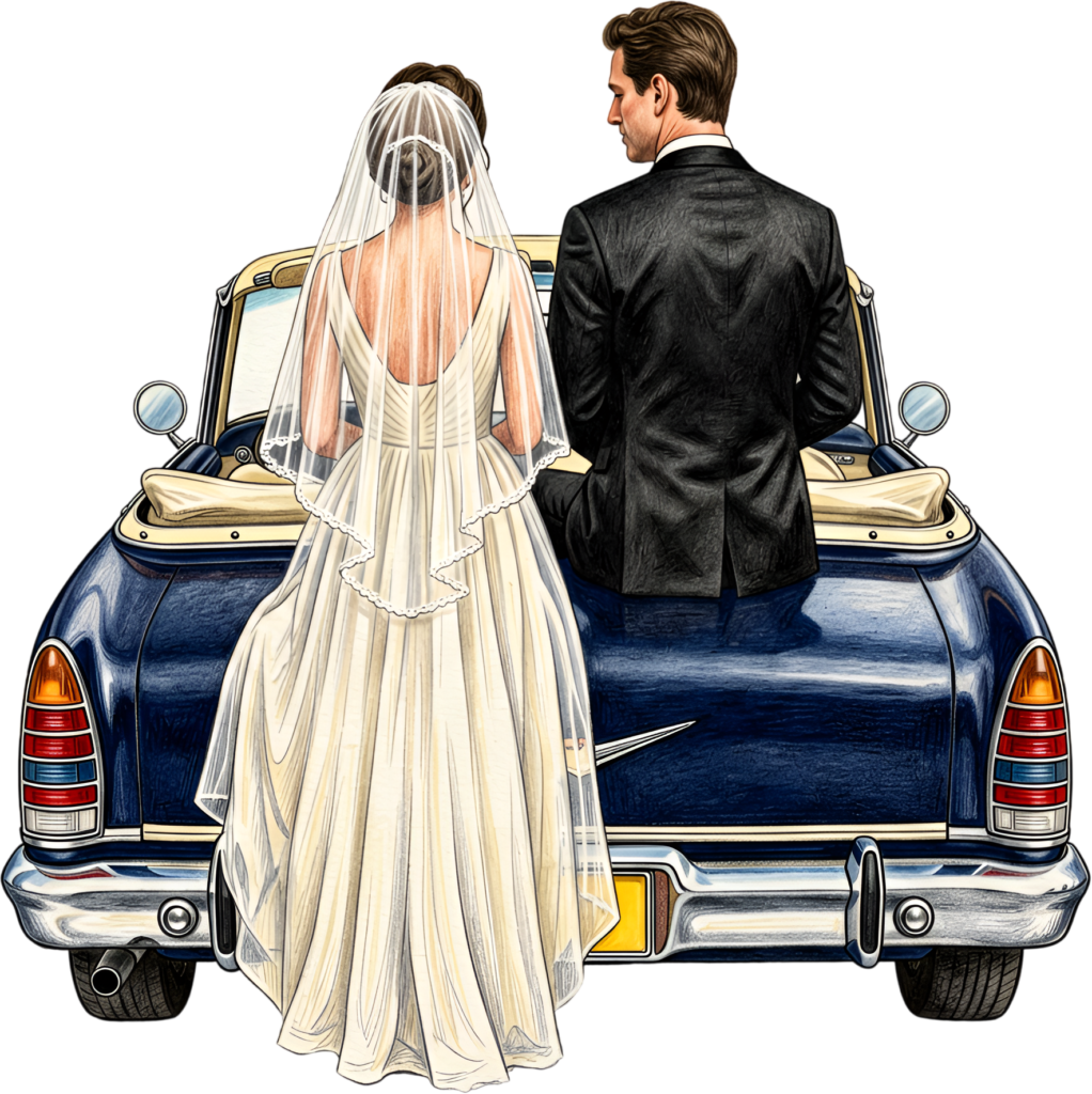 Formal wedding couple on convertible car PNG, elegant bridal clipart for classic event invitations.