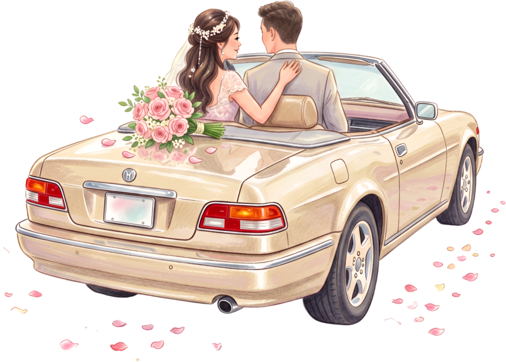 Romantic modern wedding couple PNG, beige convertible car clipart for stylish celebratory departure scenes.