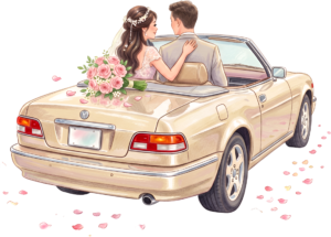 Elegant wedding couple with pink convertible car PNG, chic bridal clipart for stylish event stationery. 13 - Elegant wedding couple with pink convertible car PNG, chic bridal clipart for stylish event stationery. Free PNG Download