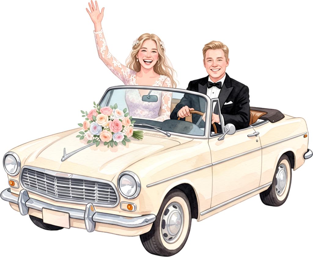 Joyful watercolor wedding couple PNG, charming classic car clipart for heartfelt announcement designs.