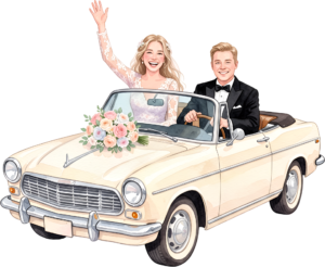 Cheerful watercolor wedding couple PNG, cream classic car clipart for delightful ceremony announcements. 45 - Cheerful watercolor wedding couple PNG, cream classic car clipart for delightful ceremony announcements. Free PNG Download