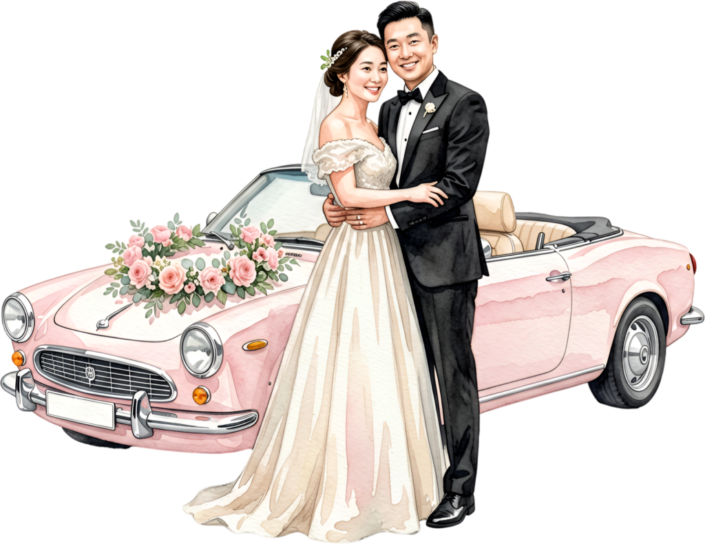 Elegant wedding couple with pink convertible car PNG, chic bridal clipart for stylish event stationery.
