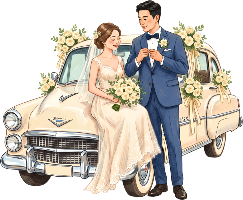 Vintage wedding couple on classic sedan car PNG, charming bridal clipart for timeless announcement designs.