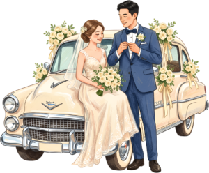 Ecstatic watercolor wedding couple PNG, green convertible car clipart for joyful announcement cards. 45 - Ecstatic watercolor wedding couple PNG, green convertible car clipart for joyful announcement cards. Free PNG Download