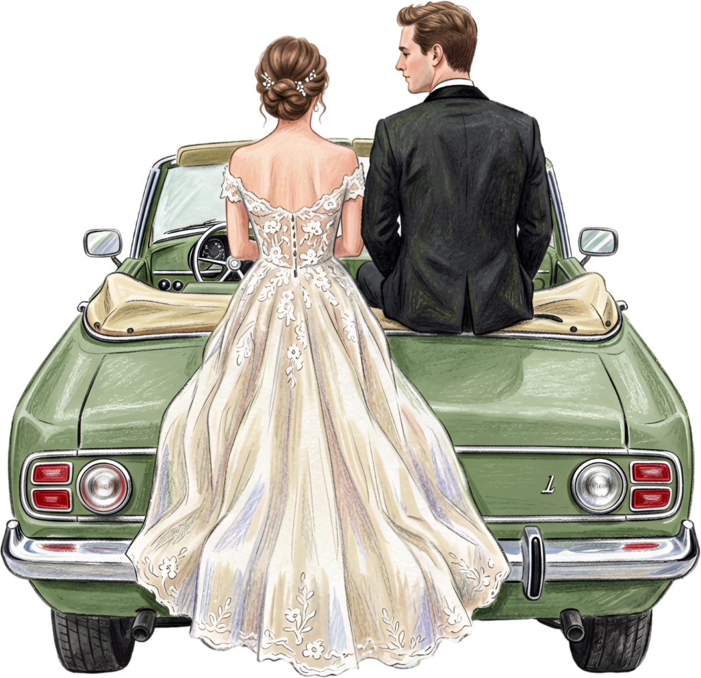 Elegant lace-back wedding couple PNG, green convertible car clipart for sophisticated bridal stationery.