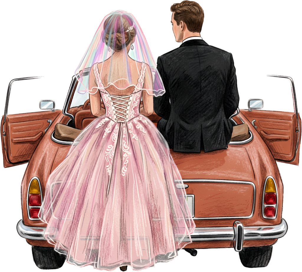 Romantic pink gown wedding couple PNG, rustic convertible car clipart for charming ceremony invitations.