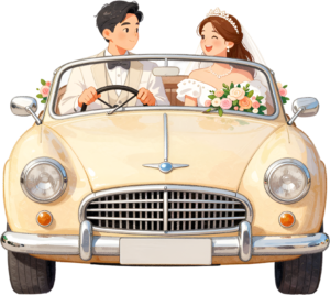 Cheerful watercolor wedding couple PNG, cream classic car clipart for delightful ceremony announcements. 20 - Cheerful watercolor wedding couple PNG, cream classic car clipart for delightful ceremony announcements. Free PNG Download