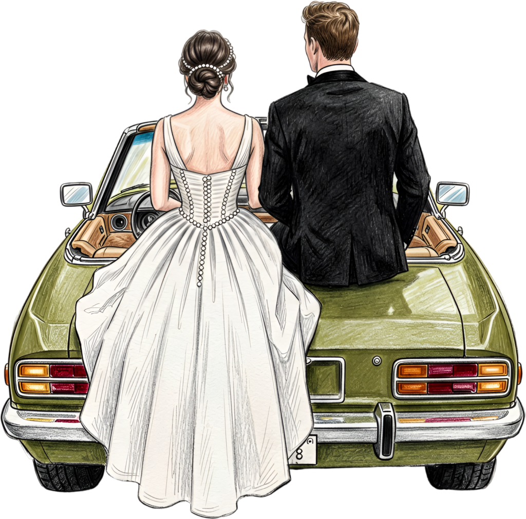 Elegant pearled gown wedding couple PNG, olive convertible car clipart for sophisticated bridal designs.