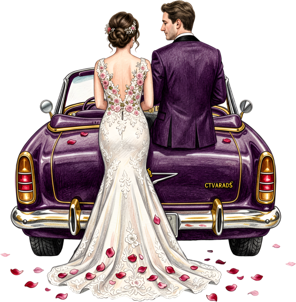 Romantic floral lace wedding couple PNG, stunning purple car clipart for unique bridal invitations.