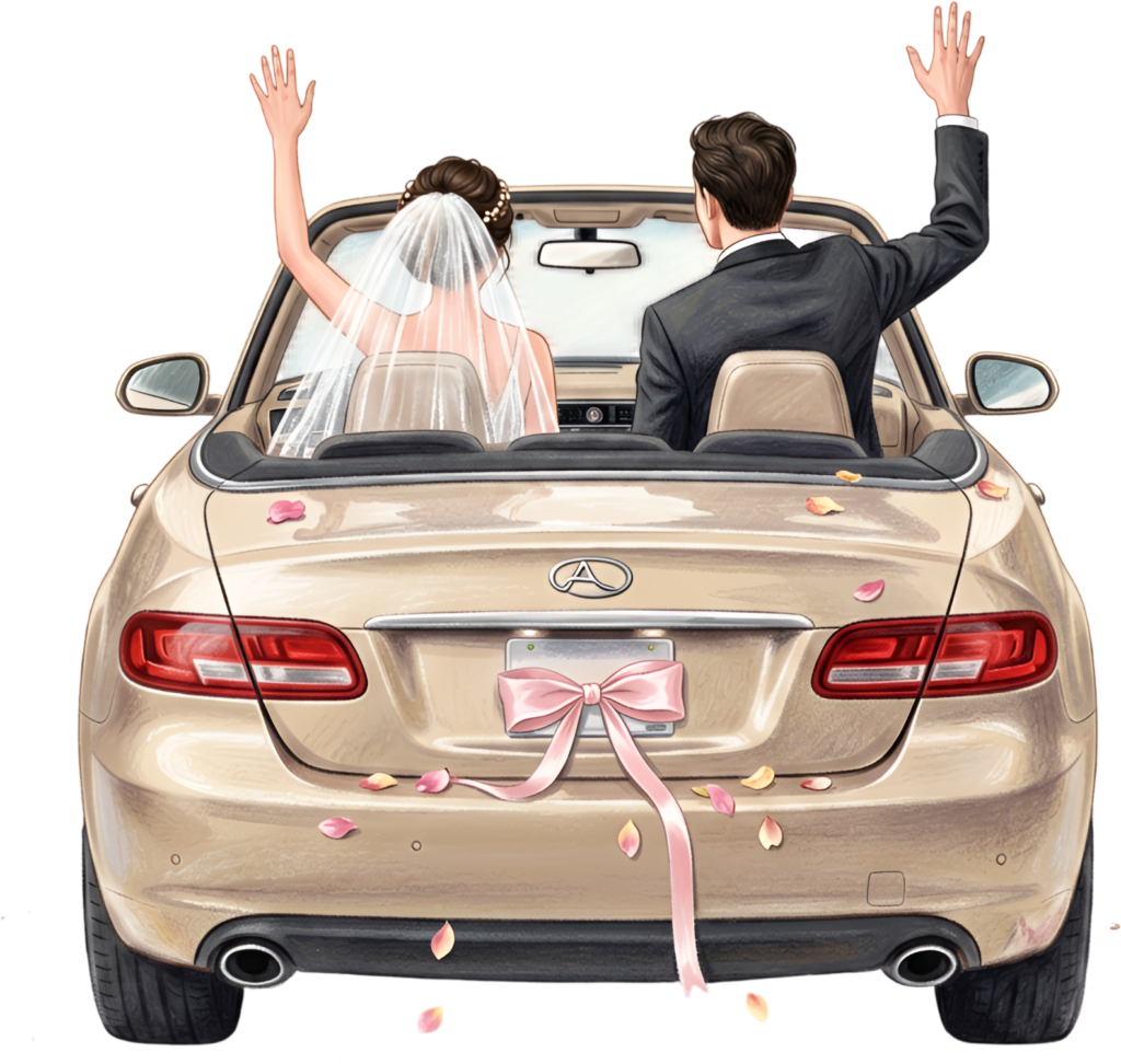 Joyful waving wedding couple PNG, modern convertible car clipart for celebratory exit designs.