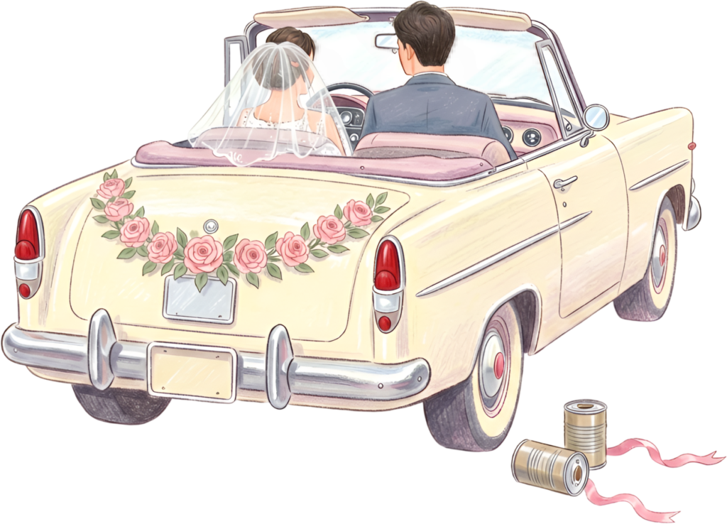 Vintage cream wedding car couple PNG, charming bridal clipart with tin cans and ribbons.