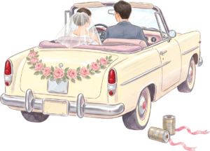 Cheerful watercolor wedding couple PNG, cream classic car clipart for delightful ceremony announcements. 16 - Cheerful watercolor wedding couple PNG, cream classic car clipart for delightful ceremony announcements. Free PNG Download