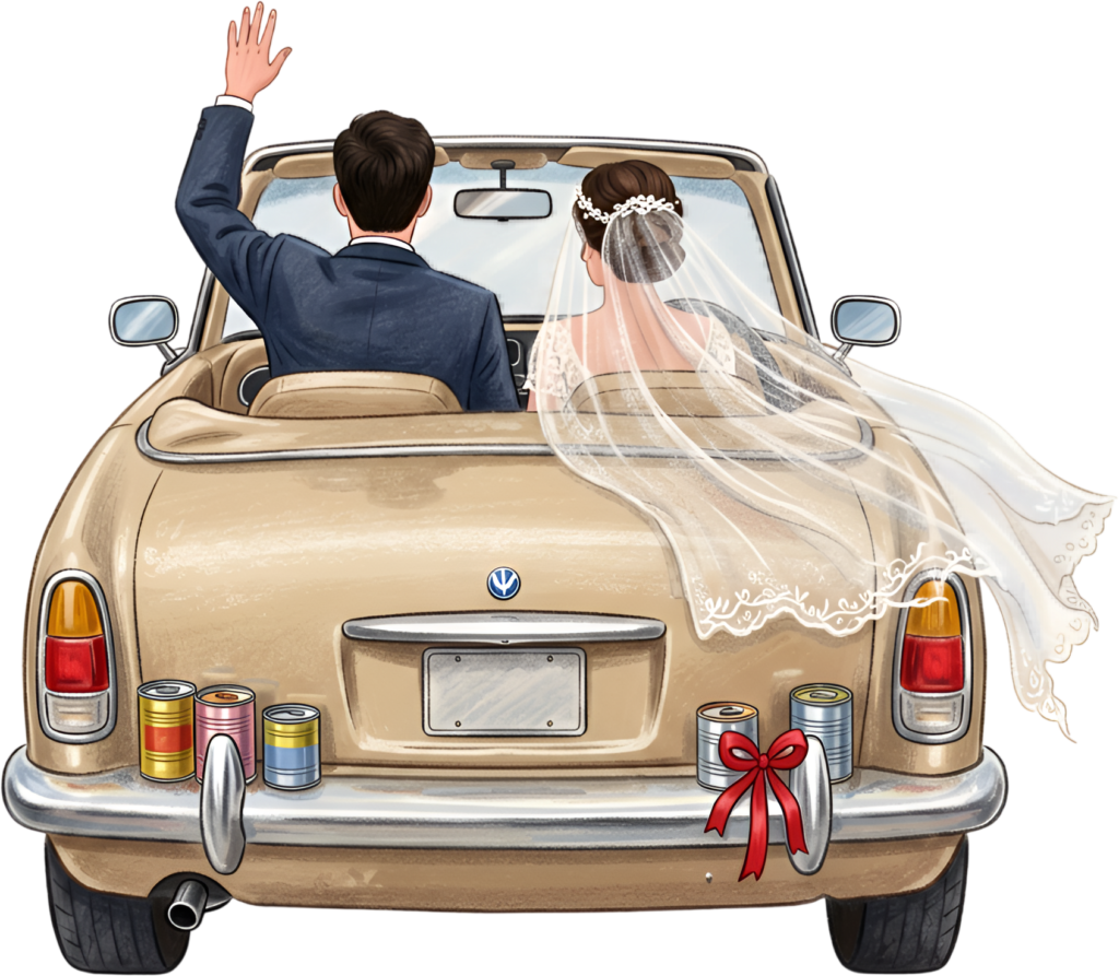 Waving vintage wedding couple PNG, beige car clipart for classic celebration announcements.