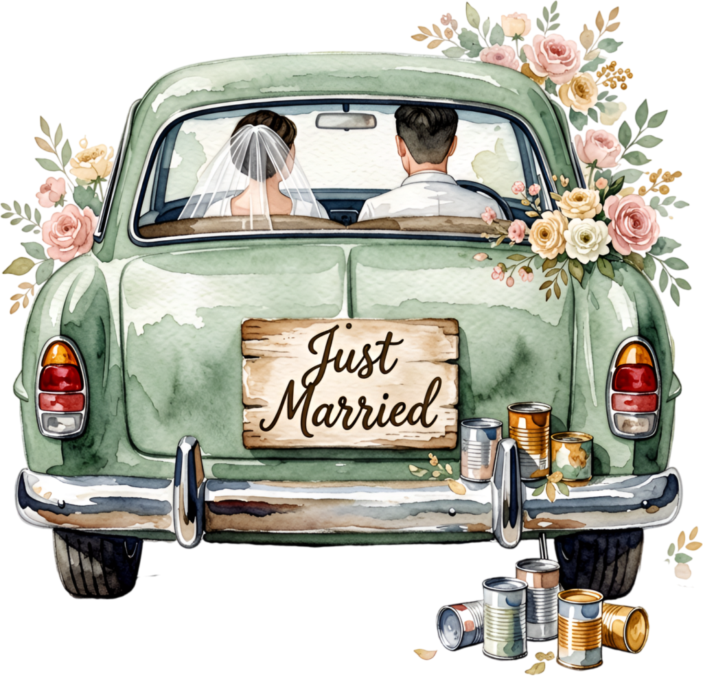 Watercolor “Just Married” wedding car couple PNG, charming bridal clipart for rustic announcement cards.