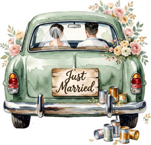 Cheerful watercolor wedding couple PNG, cream classic car clipart for delightful ceremony announcements. 13 - Cheerful watercolor wedding couple PNG, cream classic car clipart for delightful ceremony announcements. Free PNG Download