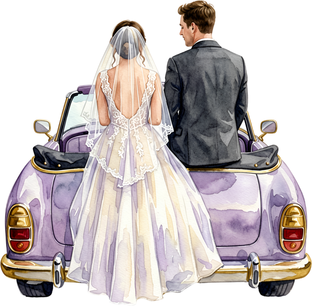 Watercolor wedding couple on purple convertible car PNG, elegant bridal clipart for artistic ceremony stationery.