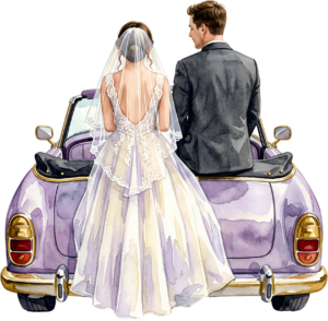 Cheerful watercolor wedding couple PNG, cream classic car clipart for delightful ceremony announcements. 12 - Cheerful watercolor wedding couple PNG, cream classic car clipart for delightful ceremony announcements. Free PNG Download