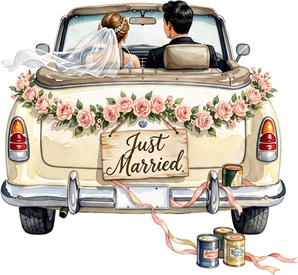 Watercolor “Just Married” cream car couple PNG, charming bridal clipart for traditional announcement designs.