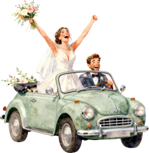 Cheerful watercolor wedding couple PNG, cream classic car clipart for delightful ceremony announcements. 10 - Cheerful watercolor wedding couple PNG, cream classic car clipart for delightful ceremony announcements. Free PNG Download