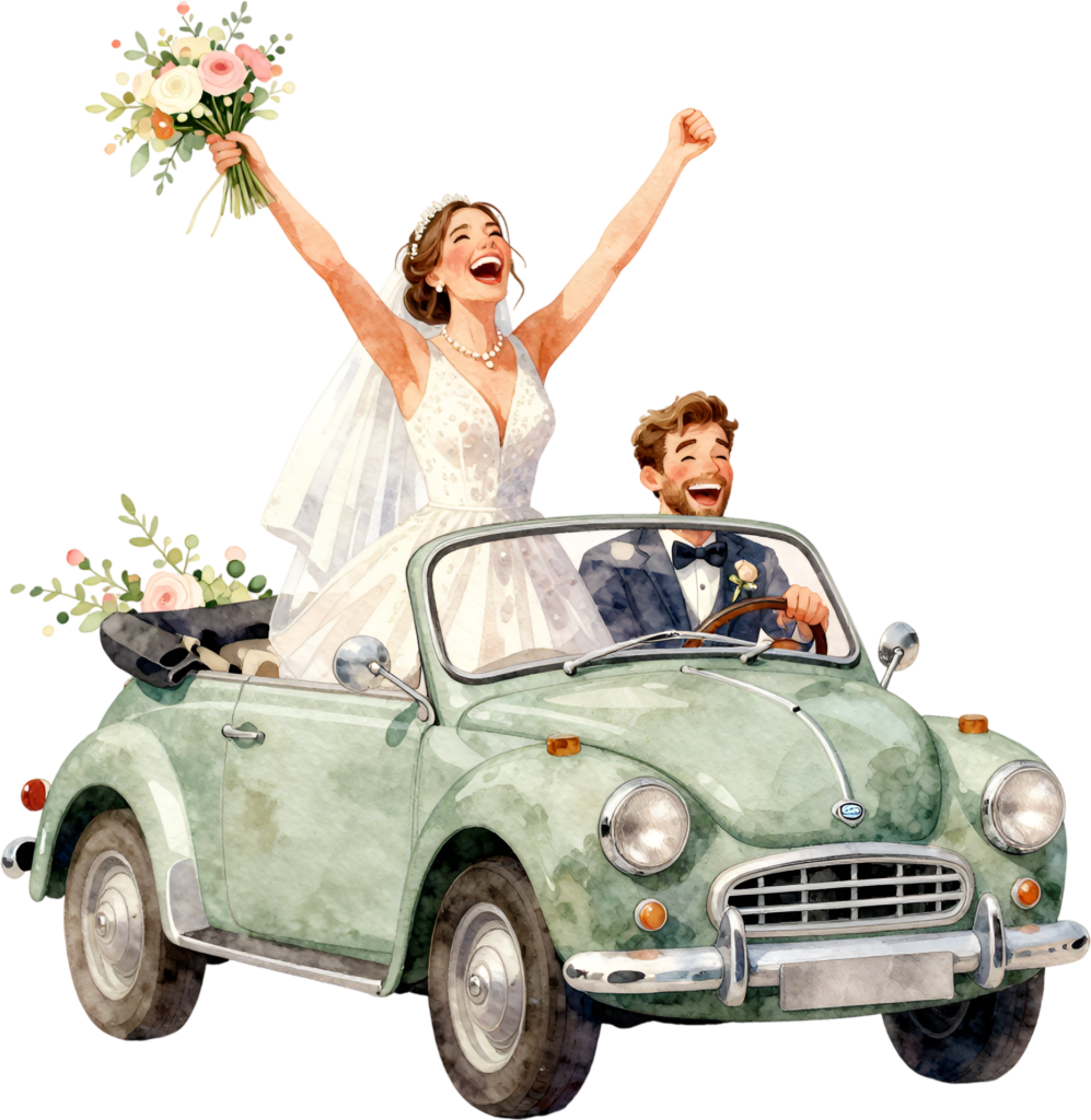 Ecstatic watercolor wedding couple PNG, green convertible car clipart for joyful announcement cards.
