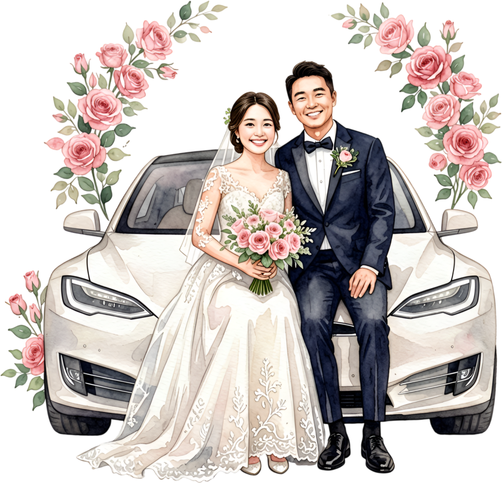 Modern electric wedding couple PNG, white car clipart for contemporary ceremony designs.