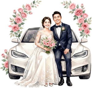 Cheerful watercolor wedding couple PNG, cream classic car clipart for delightful ceremony announcements. 9 - Cheerful watercolor wedding couple PNG, cream classic car clipart for delightful ceremony announcements. Free PNG Download
