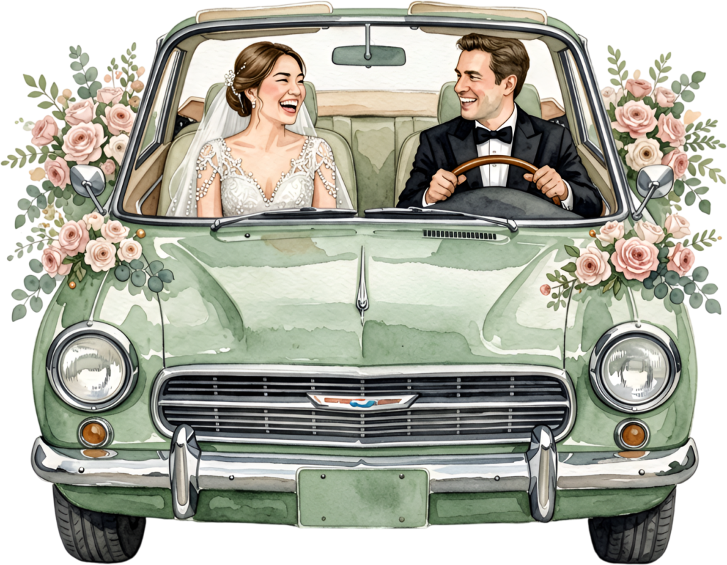 Happy watercolor wedding couple PNG, green classic car clipart for charming invitation cards.