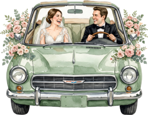Cheerful watercolor wedding couple PNG, cream classic car clipart for delightful ceremony announcements. 8 - Cheerful watercolor wedding couple PNG, cream classic car clipart for delightful ceremony announcements. Free PNG Download