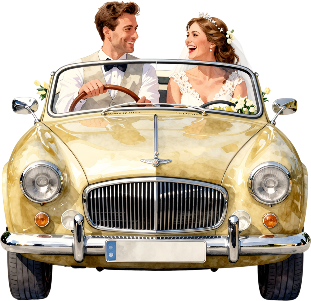 Cheerful watercolor wedding couple PNG, cream classic car clipart for delightful ceremony announcements.