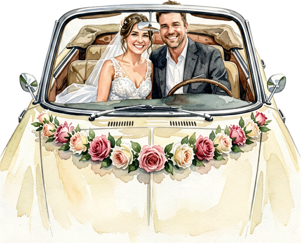 Smiling watercolor wedding couple PNG, cream vintage car clipart for personalized invitation designs.