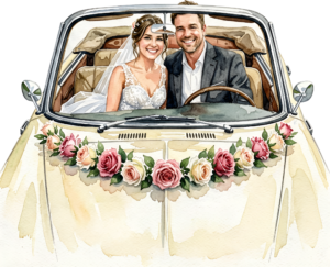Cheerful watercolor wedding couple PNG, cream classic car clipart for delightful ceremony announcements. 7 - Cheerful watercolor wedding couple PNG, cream classic car clipart for delightful ceremony announcements. Free PNG Download