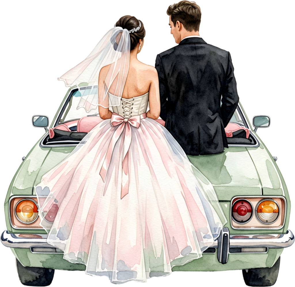 Watercolor pink dress wedding couple PNG, green convertible car clipart for elegant bridal stationery.