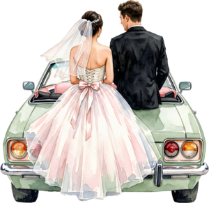 Cheerful watercolor wedding couple PNG, cream classic car clipart for delightful ceremony announcements. 6 - Cheerful watercolor wedding couple PNG, cream classic car clipart for delightful ceremony announcements. Free PNG Download