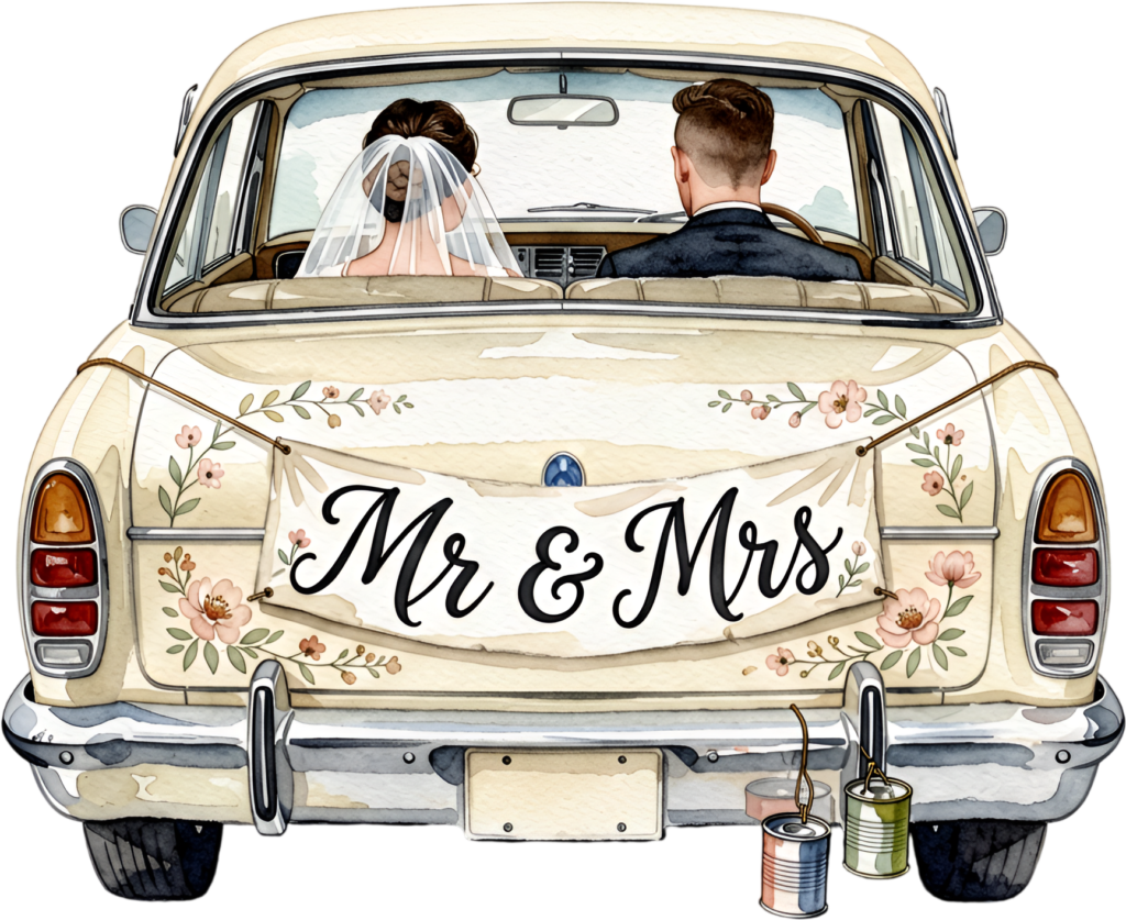 Watercolor “Mr & Mrs” wedding car couple PNG, charming bridal clipart for anniversary designs.