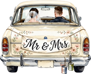 Cheerful watercolor wedding couple PNG, cream classic car clipart for delightful ceremony announcements. 5 - Cheerful watercolor wedding couple PNG, cream classic car clipart for delightful ceremony announcements. Free PNG Download