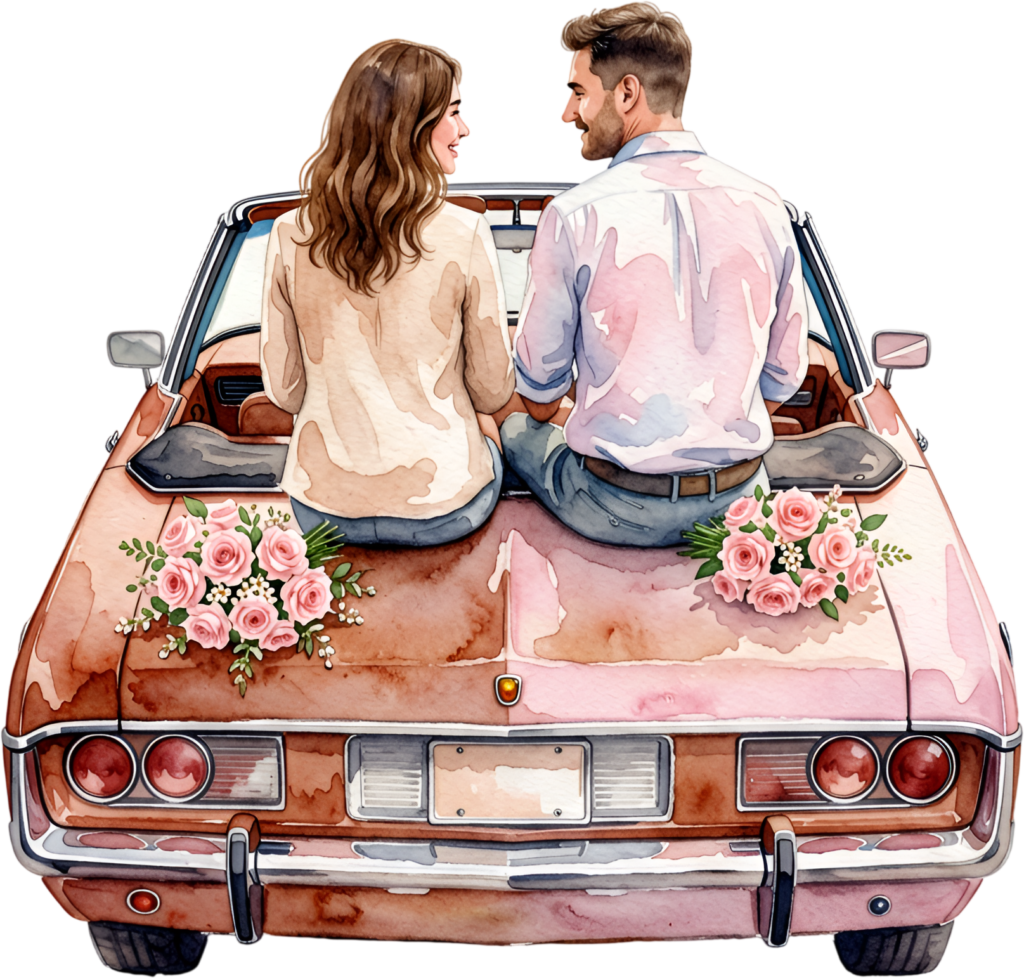 Watercolor casual couple on convertible car PNG, charming wedding clipart for engagement announcements.