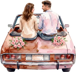 Cheerful watercolor wedding couple PNG, cream classic car clipart for delightful ceremony announcements. 4 - Cheerful watercolor wedding couple PNG, cream classic car clipart for delightful ceremony announcements. Free PNG Download
