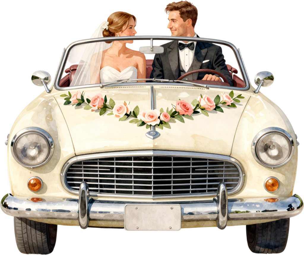 Elegant watercolor wedding couple PNG, cream vintage car clipart for timeless ceremony stationery.