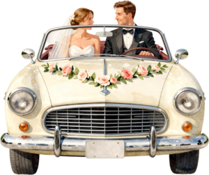 Cheerful watercolor wedding couple PNG, cream classic car clipart for delightful ceremony announcements. 3 - Cheerful watercolor wedding couple PNG, cream classic car clipart for delightful ceremony announcements. Free PNG Download