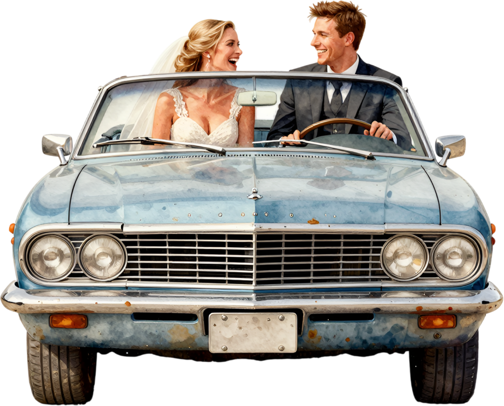 Happy rustic wedding couple PNG, blue classic car clipart for charming country wedding invites.